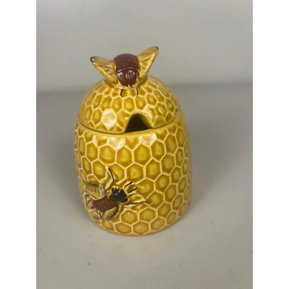 Vintage Ceramic Honeycomb Bee Honey Pot with Notched Lid Yellow 4.5 inch